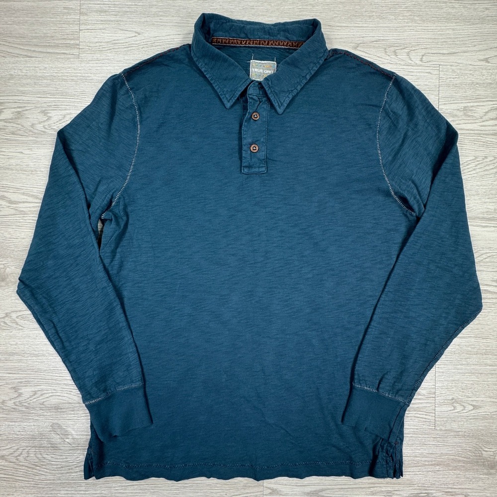 True Grit Men's Polo Shirt Long Sleeve Slub Knit Blue Large Contrast Lightweight
